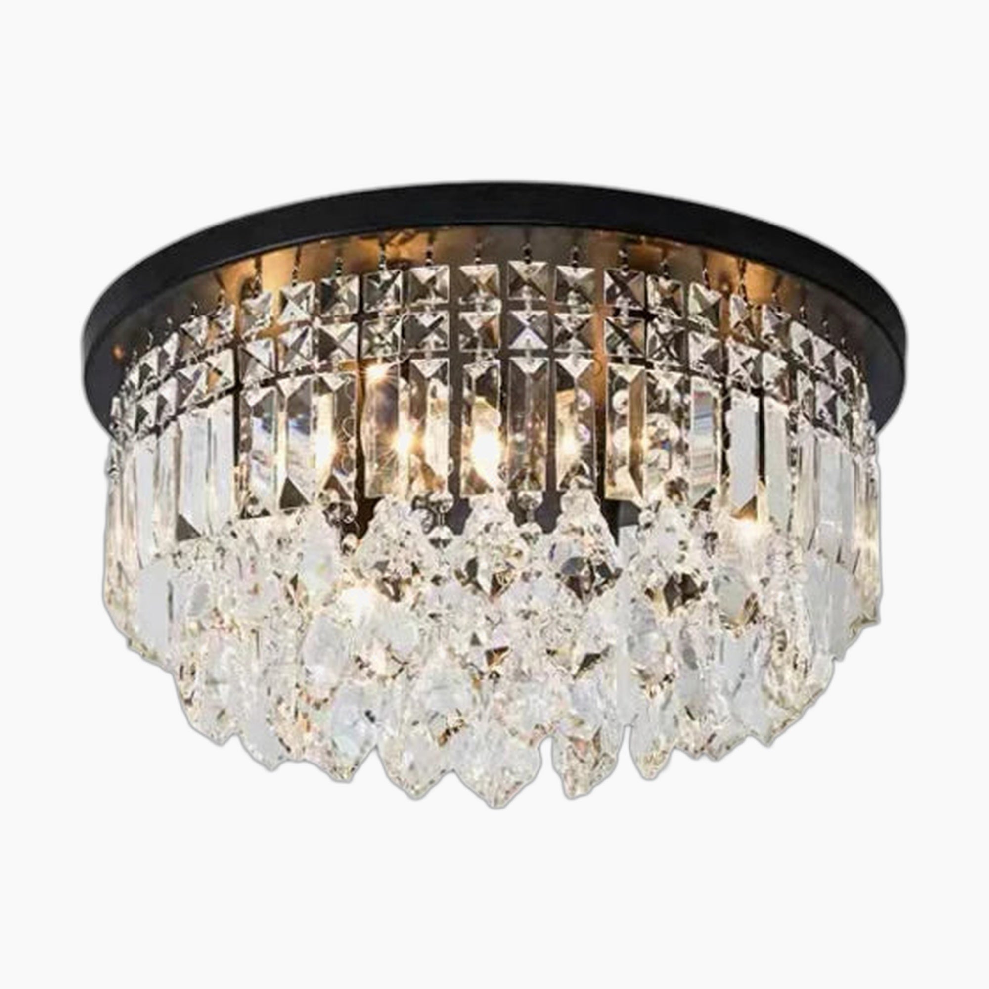 Round flush-mount chandelier with dark base and rows of clear prisms for a sparkling look.