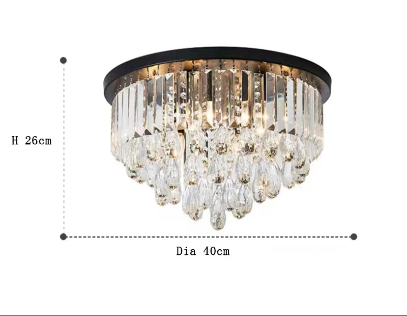 Luxury American-style chandelier with black base, crystal balls, teardrop crystals, adjustable LED lighting.