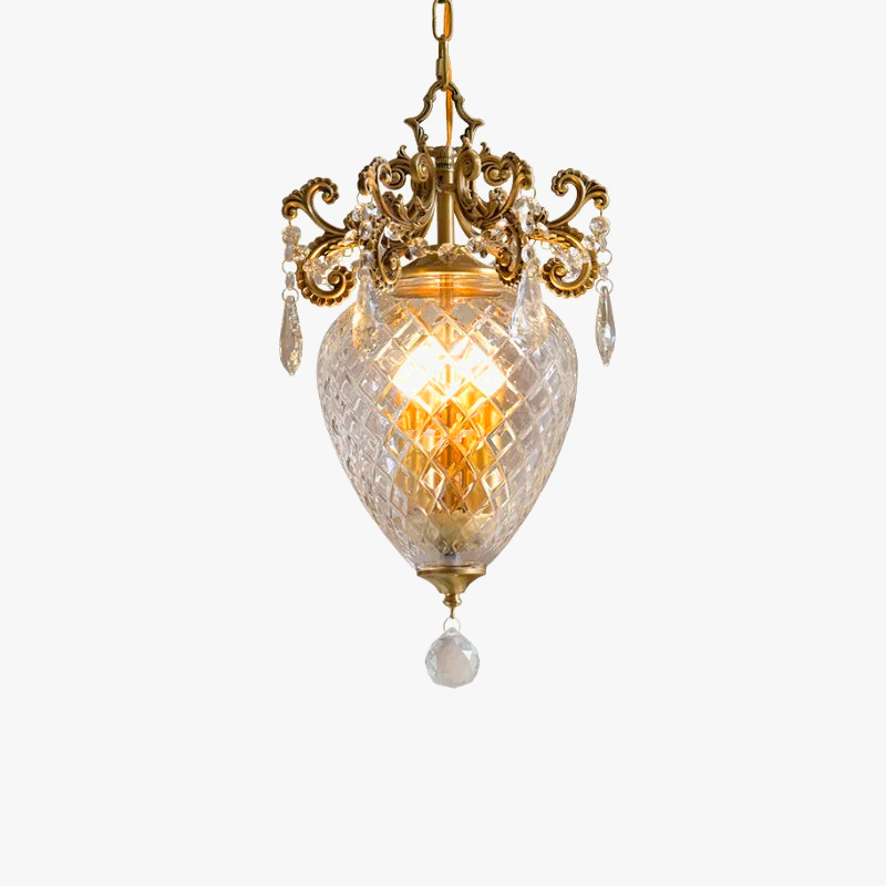 Ornate gold medieval-style chandelier with crystal accents and faceted glass shade for warm light.