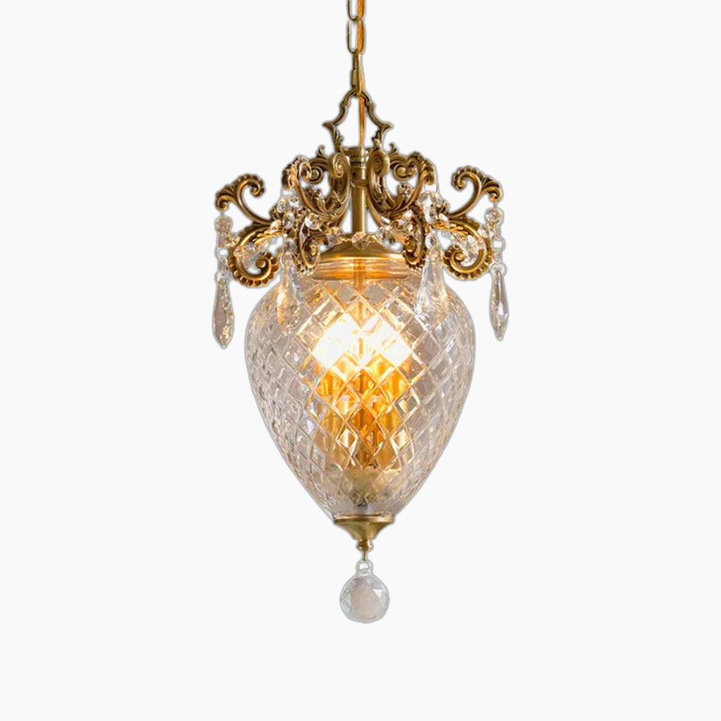 Maison Ornate medieval gold pineapple chandelier with diamond glass, bronze metalwork, and crystal details.