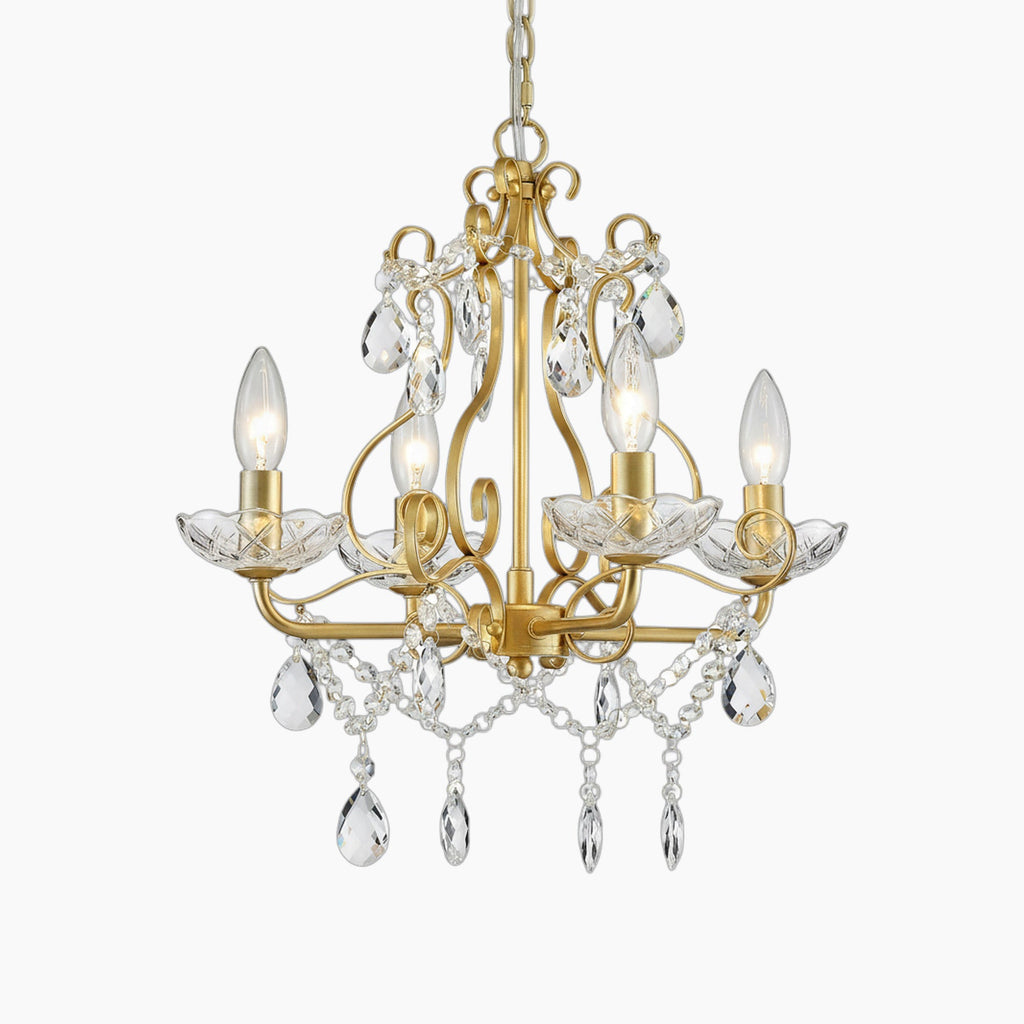 Elegant modern crystal chandelier with four candle-style lights, clear drops, glass beads, and gold chain.