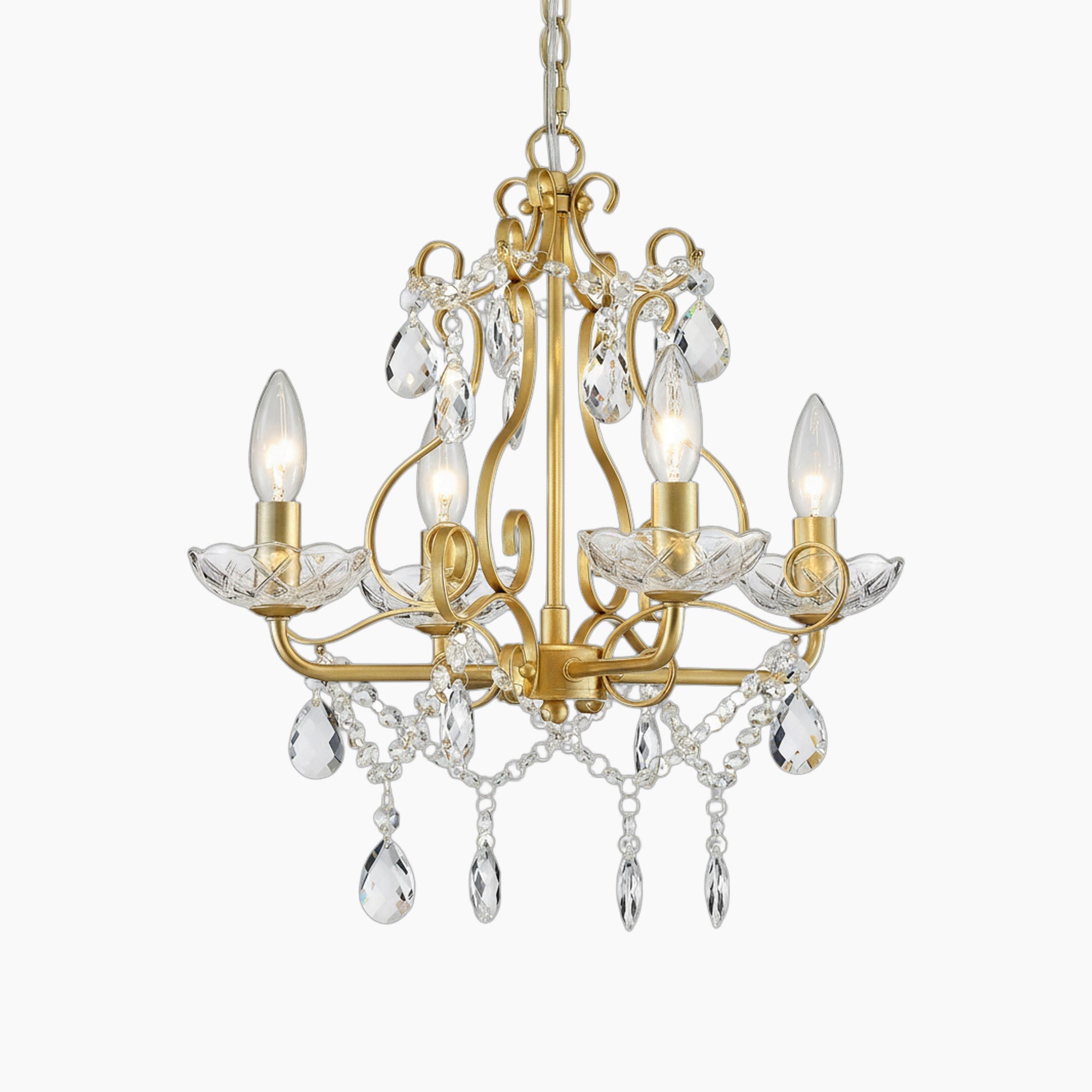 Elegant modern crystal chandelier with four candle-style lights, clear drops, glass beads, and gold chain.