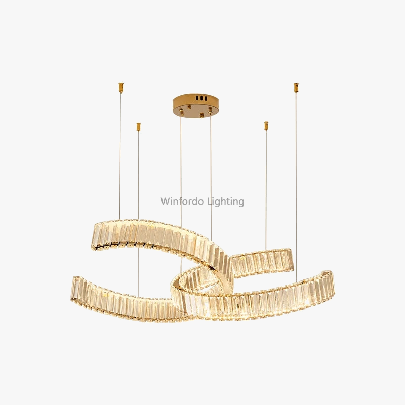 Gold-mounted chandelier with dual interlocking crystal LED rings, postmodern style, stainless steel construction.