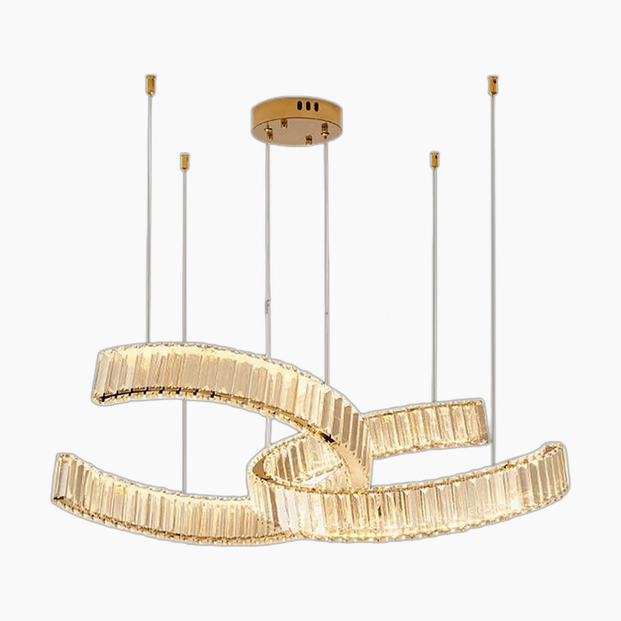 Postmodern chandelier of gold oval rings and crystal segments, suspended by cables from round gold mount.