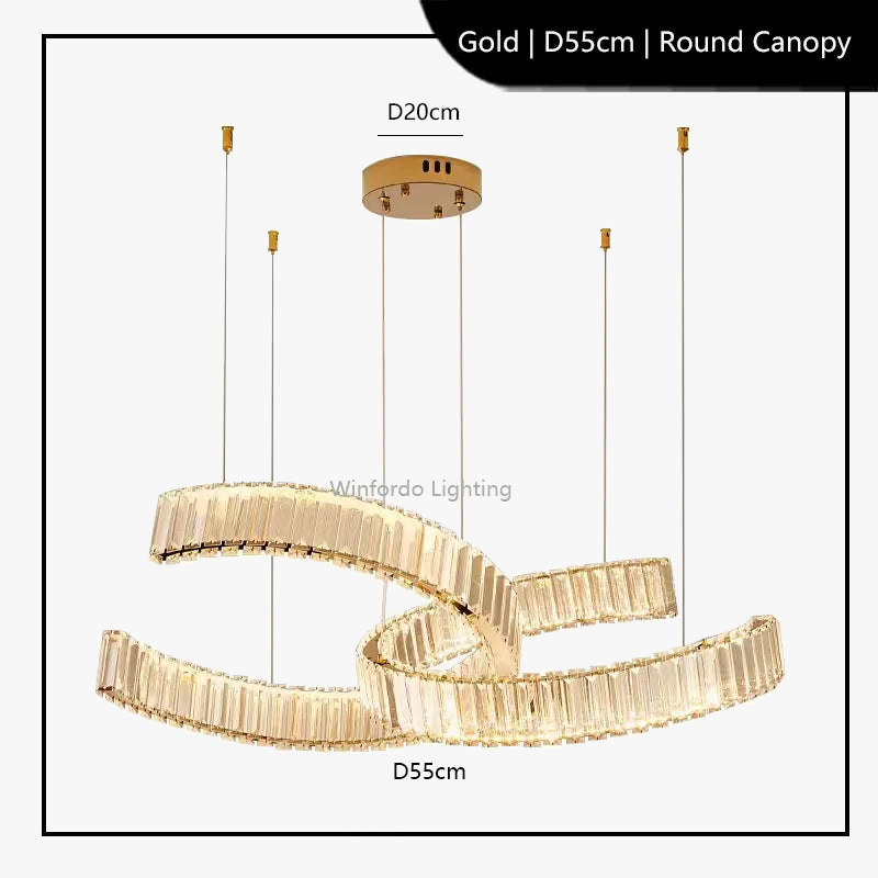Gold chandelier with two interlocking twisted oval rings, crystal accents, suspended by wires.