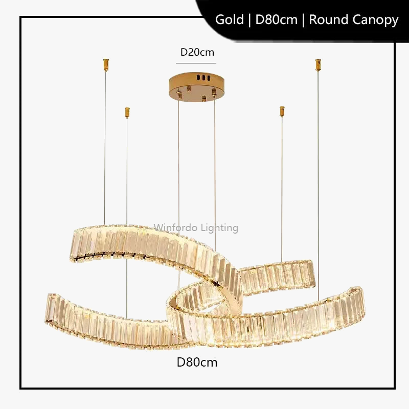Crystal stainless steel chandelier with twin gold oval rings and postmodern design, 80cm diameter.