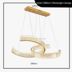 Maison Ornate chandelier with two intertwined LED crystal rings and a sleek rectangular canopy.