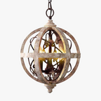Vintage American country chandelier with intersecting rings, exposed bulb, crystal accents, and hanging chain.