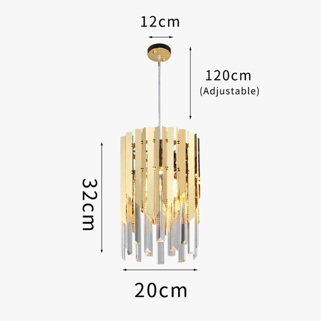 Round gold and silver industrial chandelier with LED, cylindrical shape, adjustable hanging length, modern design.