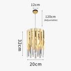 Round gold chandelier with crystal LED, cylindrical shape, vertical gold-silver slats, adjustable hanging length.
