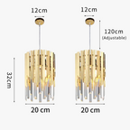 Two gold and silver cylindrical pendants with LED, adjustable hanging, modern industrial chandelier design.