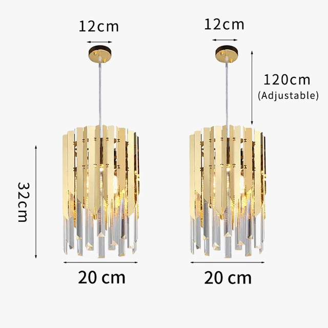 Two gold and silver cylindrical pendants with LED, adjustable hanging, modern industrial chandelier design.