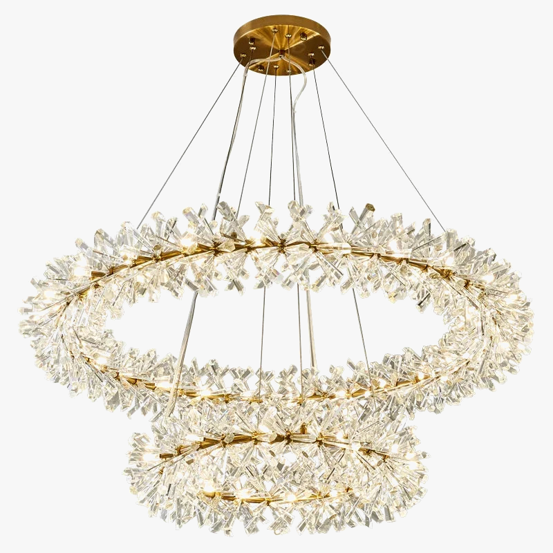 Maison Ornate Luxury Crystal Chandelier with LED rings, golden bands, clear crystals, four suspension cables.