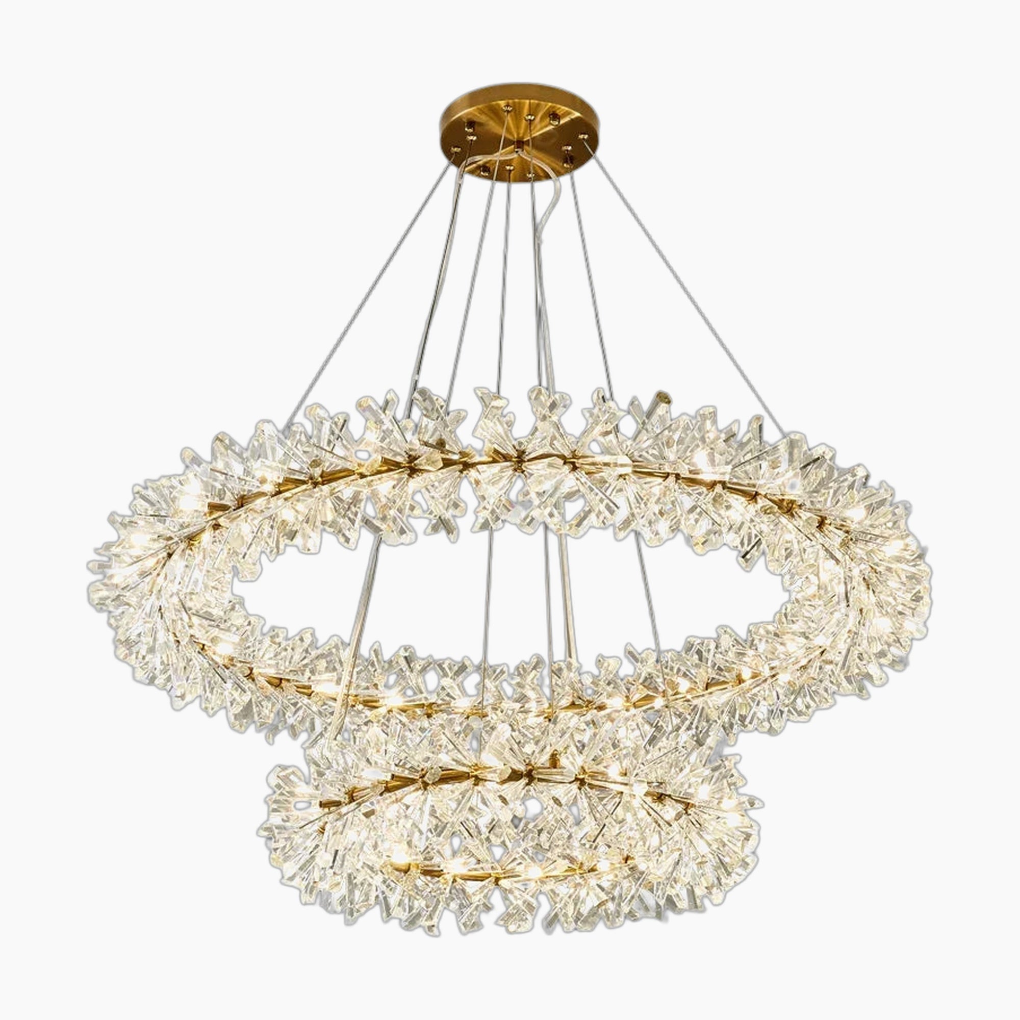 Maison Ornate chandelier with two LED crystal rings suspended from a gold ceiling mount.