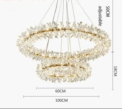 Maison Ornate chandelier with two LED crystal rings suspended by adjustable wires, modern luxury design.