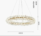 Gold industrial chandelier with crystal accents, LED rings, adjustable 50 cm suspension; 100 x 18 cm.