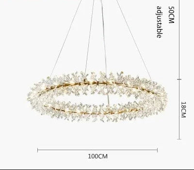 Gold industrial chandelier with crystal accents, LED rings, adjustable 50 cm suspension; 100 x 18 cm.