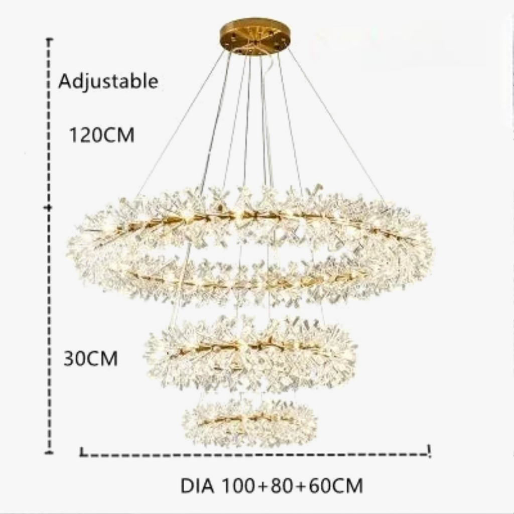Three gold LED ring chandelier with crystal accents, adjustable wires, and 120 cm total height.