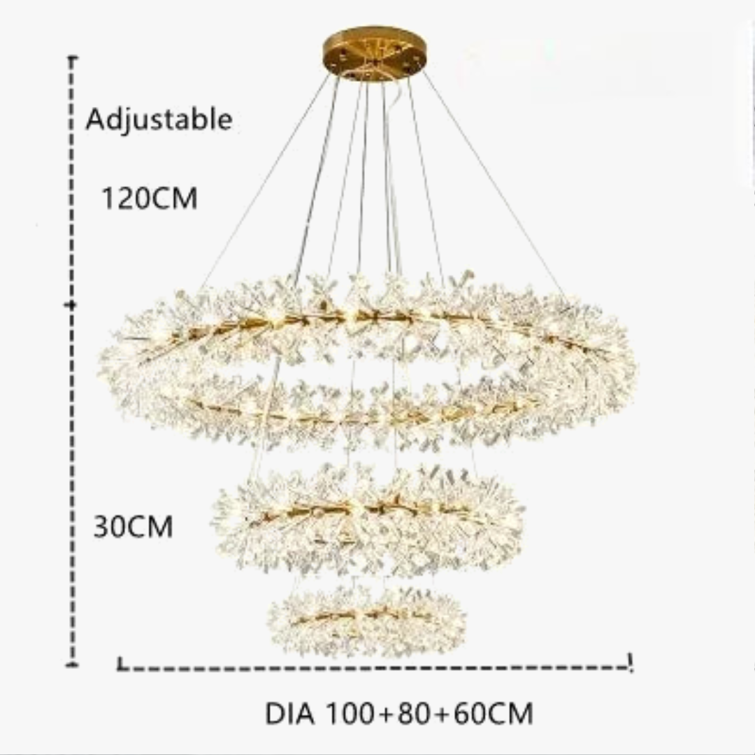 Three gold LED ring chandelier with crystal accents, adjustable wires, and 120 cm total height.