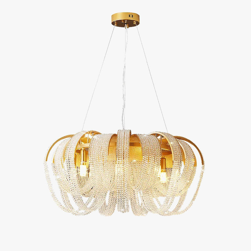 Elegant crystal chandelier with gold loops, exposed bulbs, and dimmable design suspended by three wires.