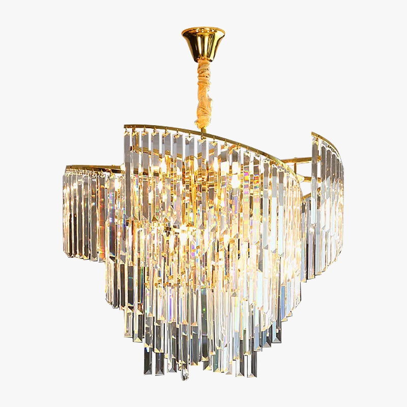 Luxurious gold spiral chandelier with cascading crystal prisms, postmodern design, elegant lighting fixture.