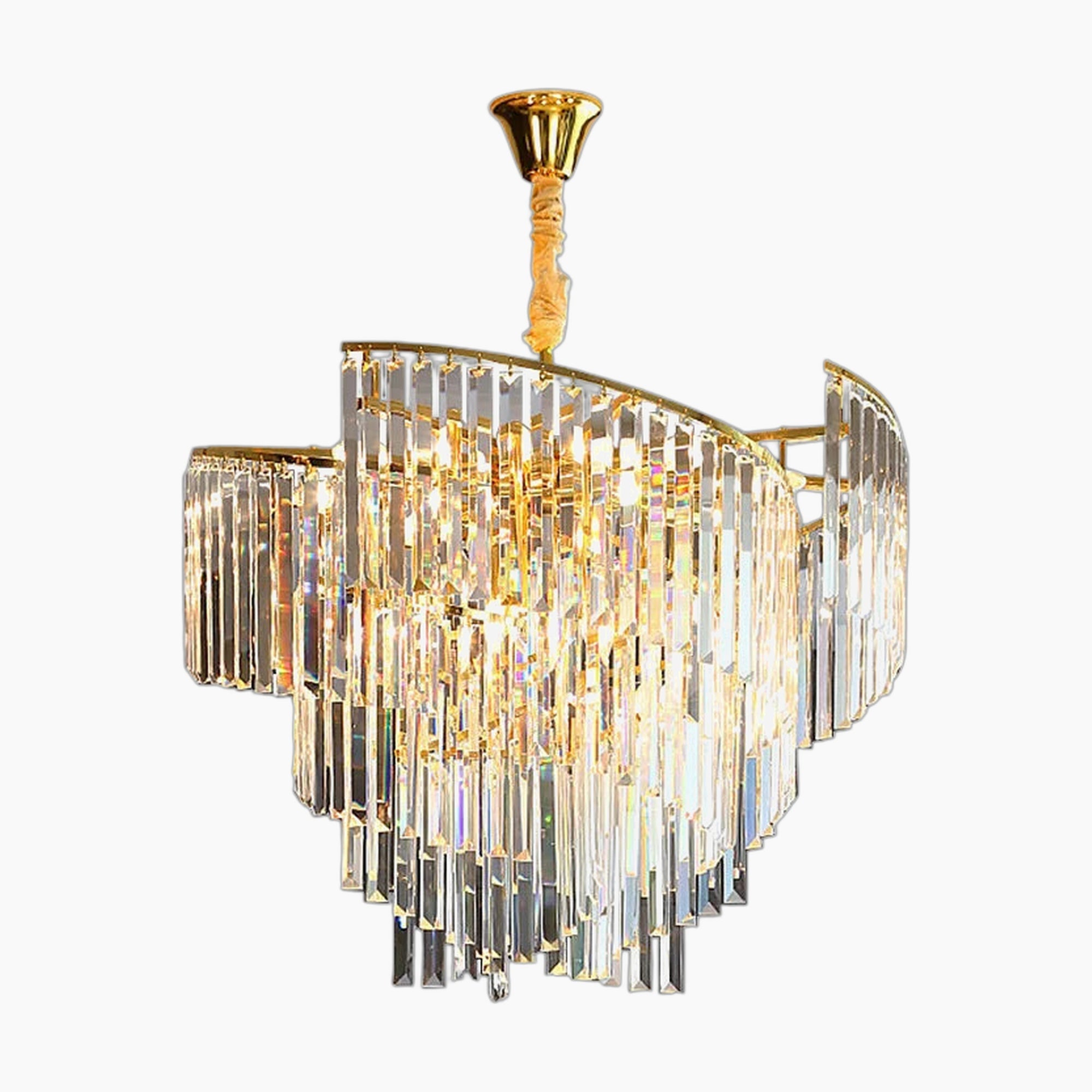 Spiral crystal gold chandelier with cascading prisms, postmodern style, elegant light, luxury product.
