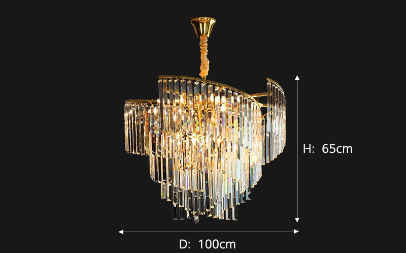 Luxurious spiral chandelier with crystal tiers and gold finish, 65cm high, 100cm wide.