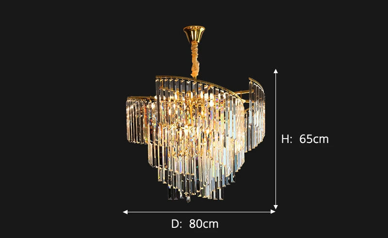 Spiral chandelier with gold accents and layered crystal glass, 65x80cm, postmodern luxury style.