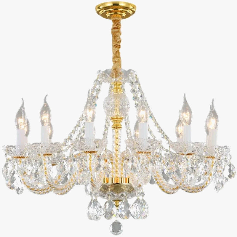 Baroque crystal chandelier with gold accents, eight candle-style bulbs, and sparkling prisms.