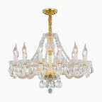 Ornate Baroque crystal chandelier with golden accents, eight candle bulbs, crystals, LED compatible.