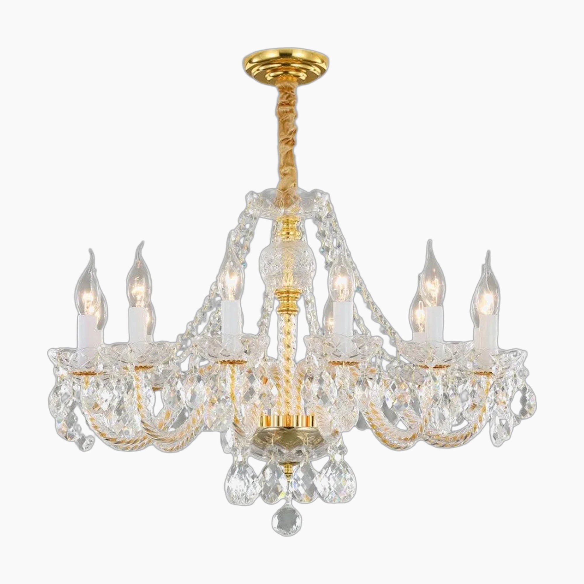Ornate Baroque crystal chandelier with golden accents, eight candle bulbs, crystals, LED compatible.