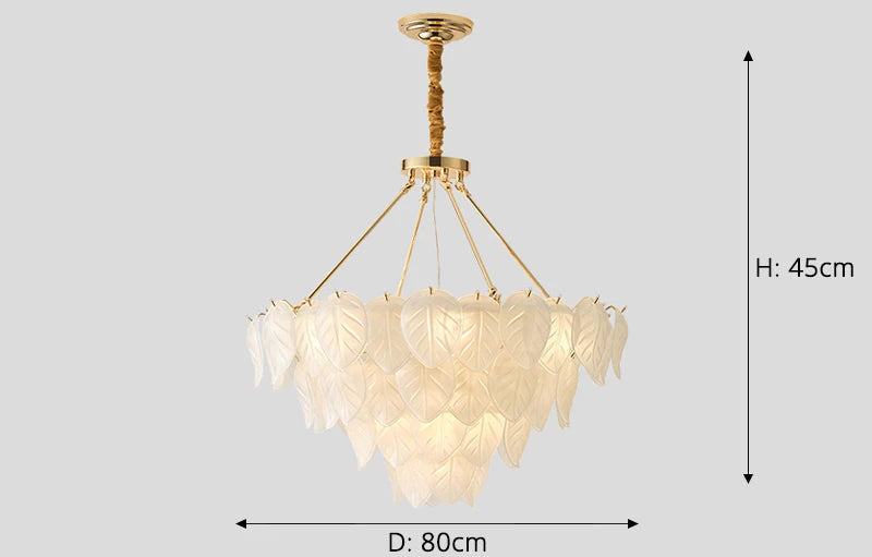 Vintage gold crystal chandelier with frosted leaf glass and gold rods, semi-flush mount, 80 cm diameter.