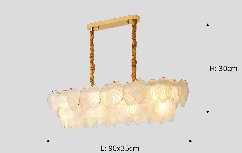 Maison Ornate Vintage Gold Crystal Chandelier with leaf glass, warm LED light, gold braided cords.