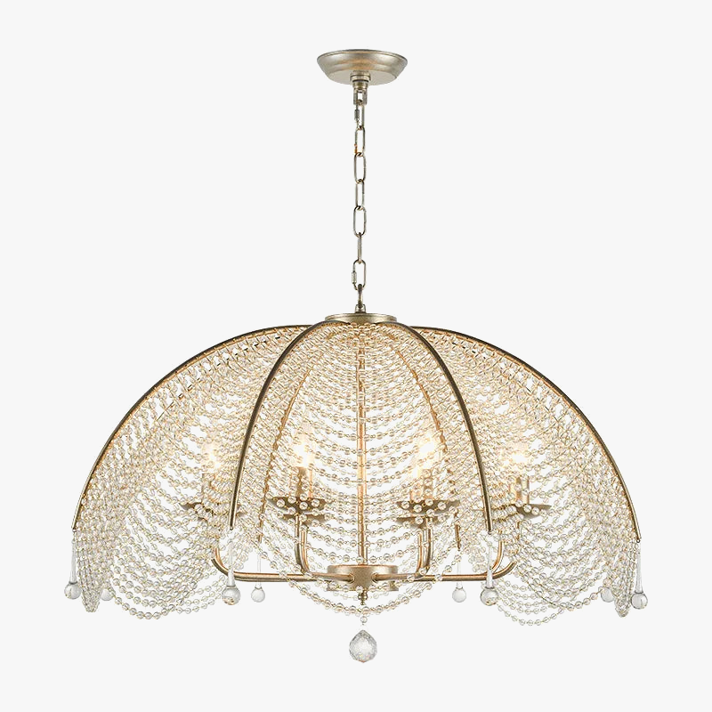 Dome-shaped chandelier with copper accents, crystal and bead strands, candle-style lights, chain-hung.