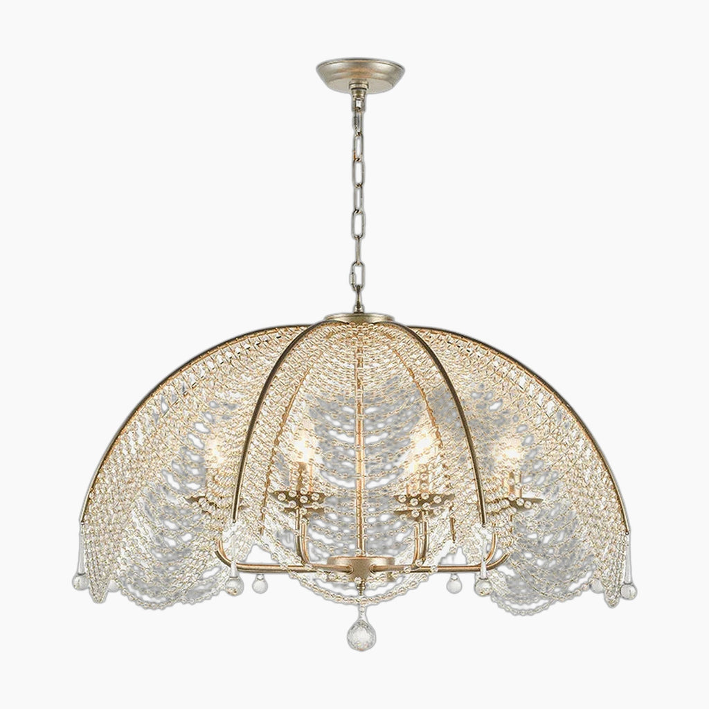 Maison Ornate Nordic chandelier with dome frame, golden and copper finish, crystal beads, four candle-style lights.