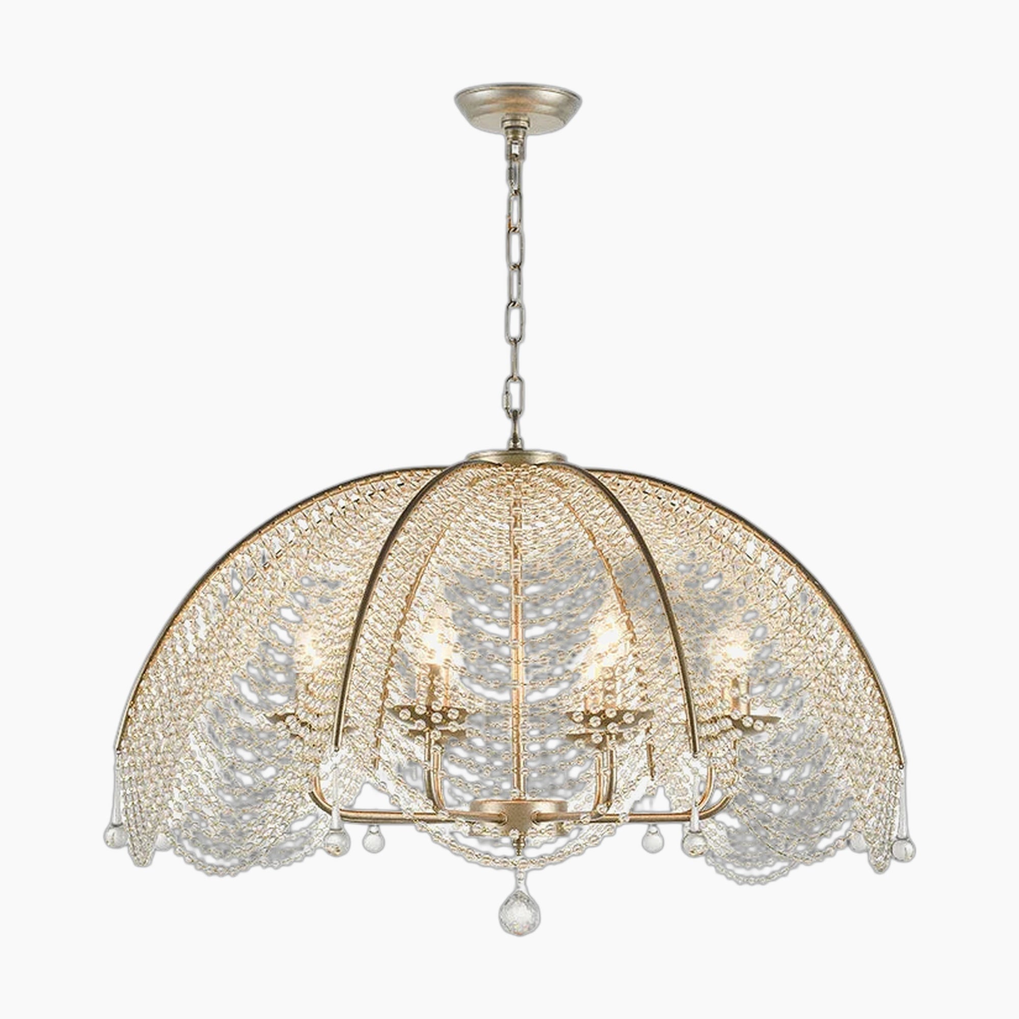 Maison Ornate Nordic chandelier with dome frame, golden and copper finish, crystal beads, four candle-style lights.