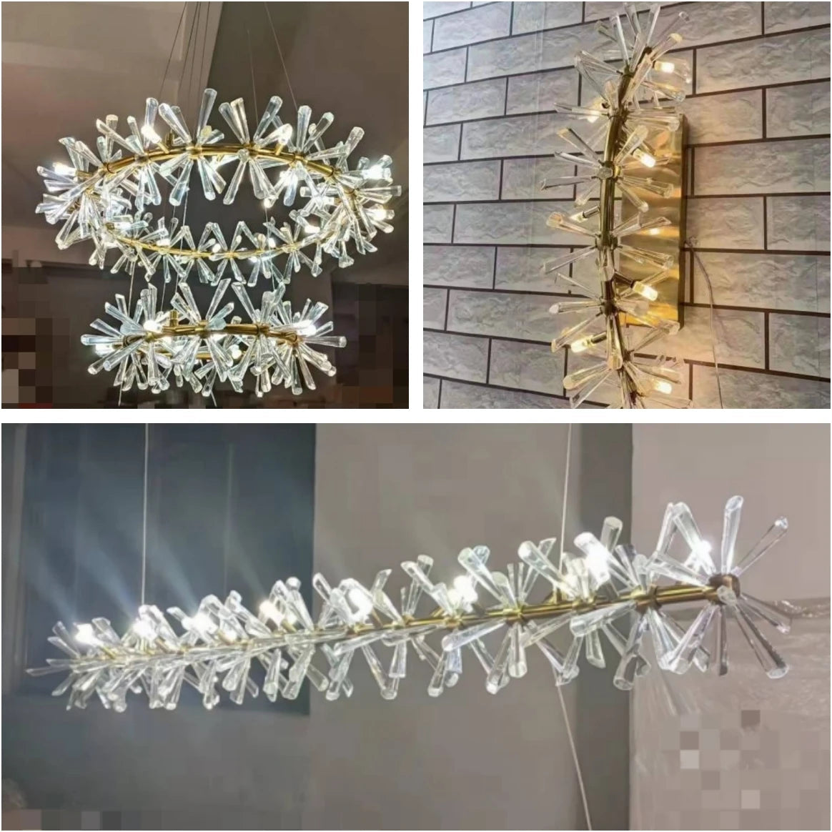 Crystal Hallway Chandelier with light rings, floral elements, and starburst-shaped clear glass.