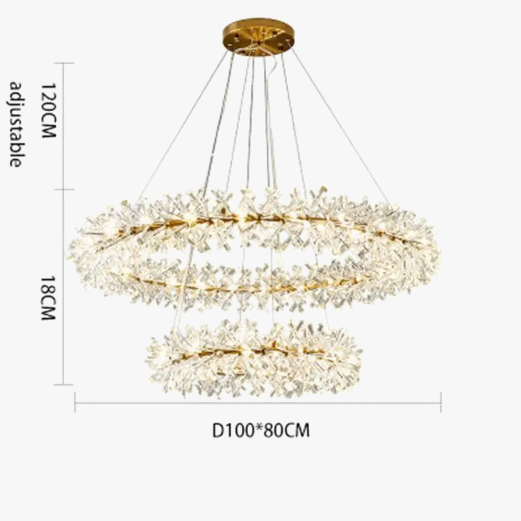 Ornate crystal chandelier with dual gold floral rings, adjustable height, elegant ceiling light fixture.