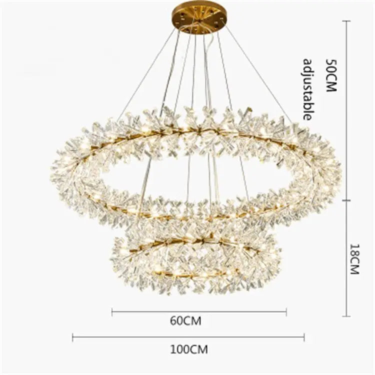 Gold and crystal chandelier with two floral rings, adjustable height up to 50 cm.