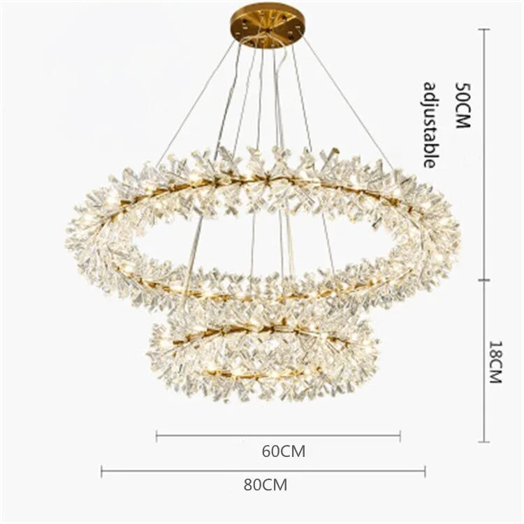 Maison Ornate hallway chandelier with gold accents, crystal light rings, and adjustable dual-ring design.