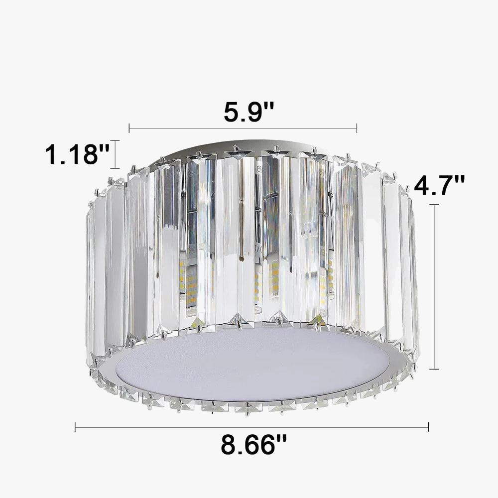 Luxurious round LED chandelier with chrome, vertical crystals, white diffuser; modern style, compact dimensions.