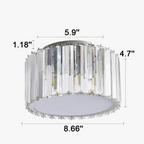 Luxurious round LED chandelier with chrome, vertical crystals, white diffuser; modern style, compact dimensions.