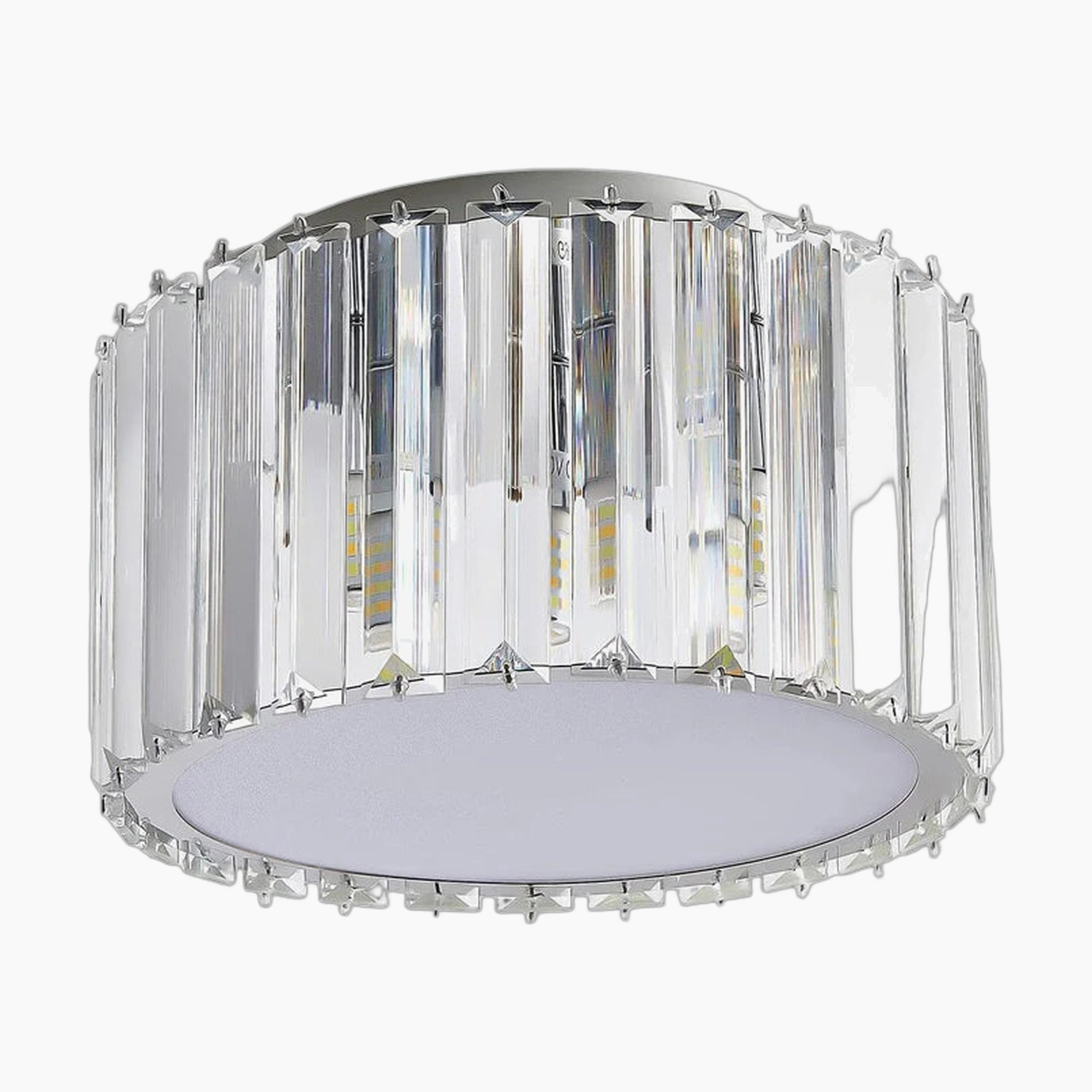 Round LED chandelier with vertical crystal prisms, circular base, and frosted diffuser for modern luxury.