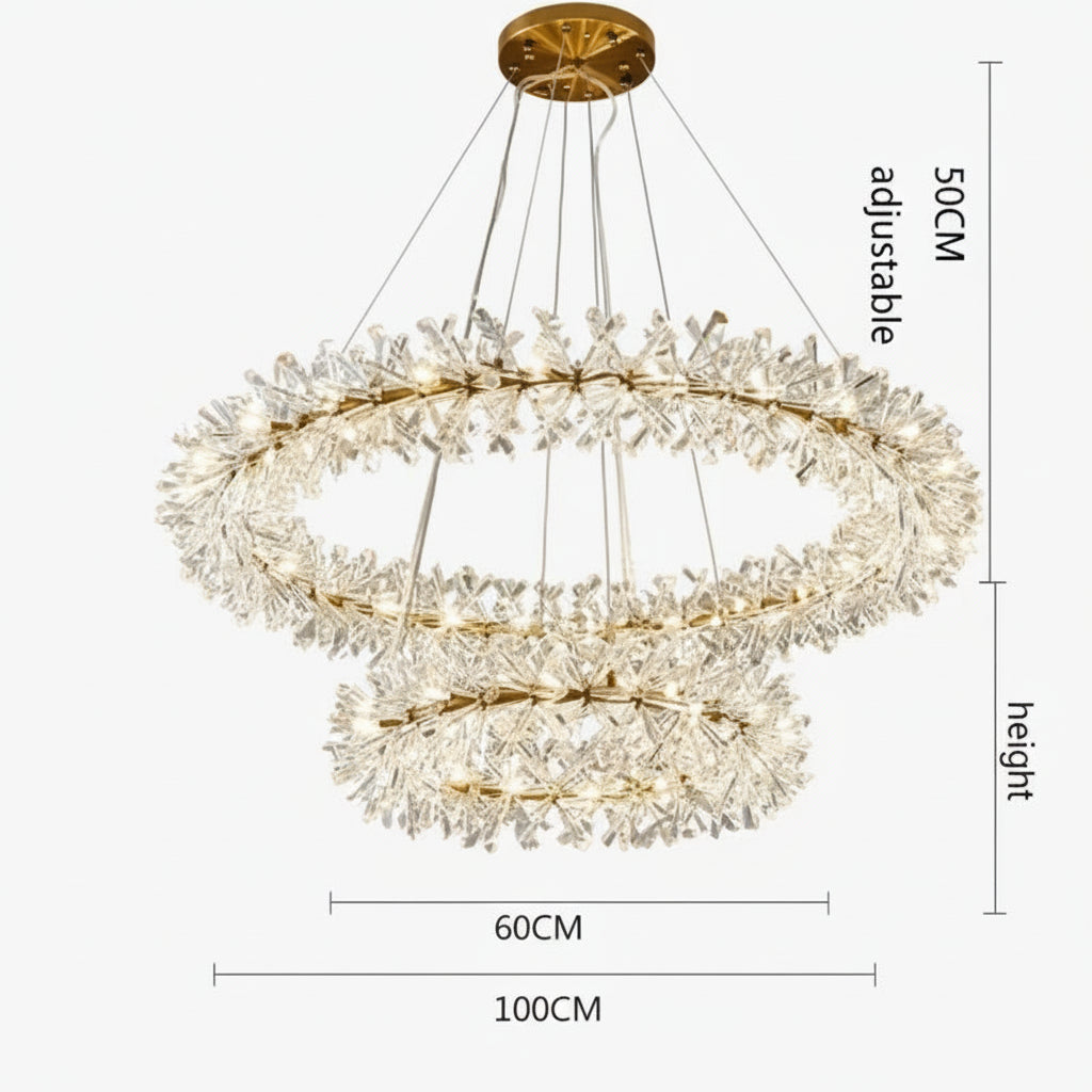 Modern Maison chandelier with LED dimmable hanging rings, gold mount, crystal accents, adjustable height.