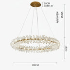 Gold and crystal circular chandelier with LED rings, dimmable, 100cm wide, adjustable drop, modern style.