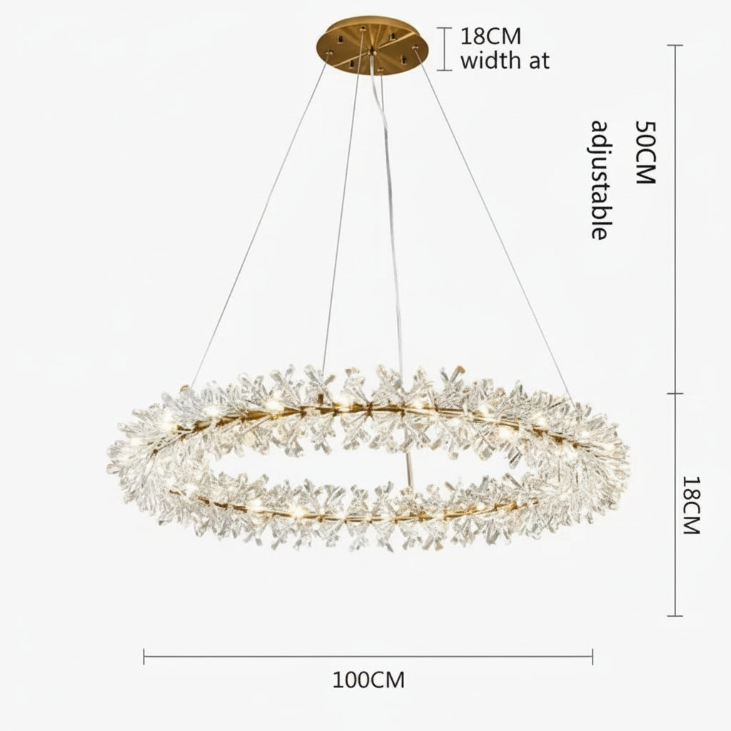 Gold and crystal circular chandelier with LED rings, dimmable, 100cm wide, adjustable drop, modern style.