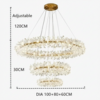 Three dimmable LED crystal chandelier rings, 100/80/60cm, adjustable suspension up to 120cm.