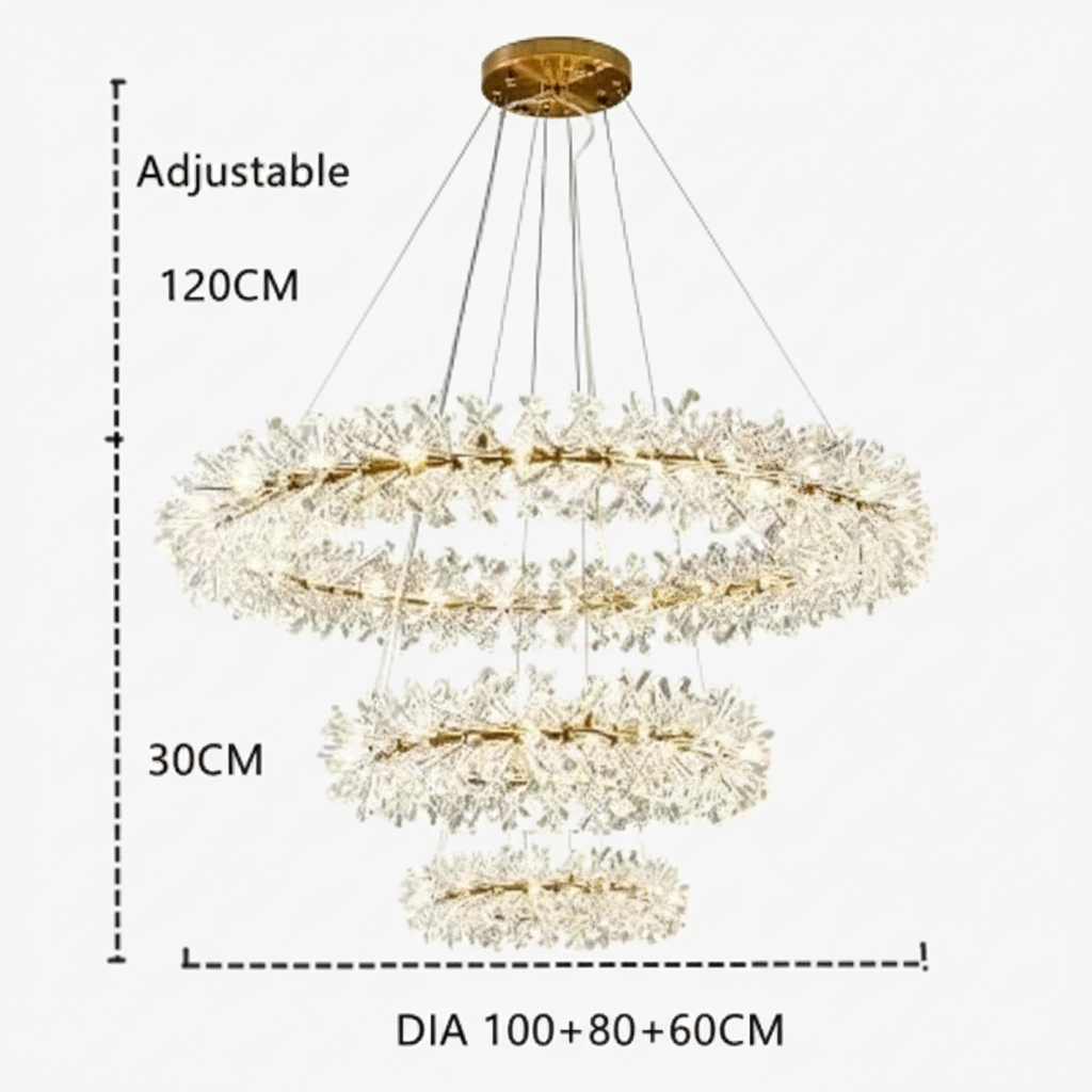 Three-tier Maison Ornate LED chandelier with adjustable crystal rings, 120 cm total height, dimmable design.