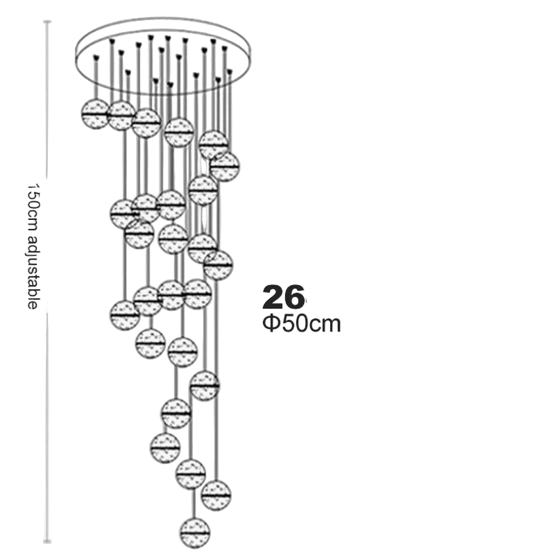 Black and white diagram of Maison Ornate Crystal Sphere Chandelier, spiral with 26 globes, adjustable length.