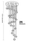 Black and white diagram of Maison Ornate Crystal Sphere Chandelier, spiral with 26 globes, adjustable length.
